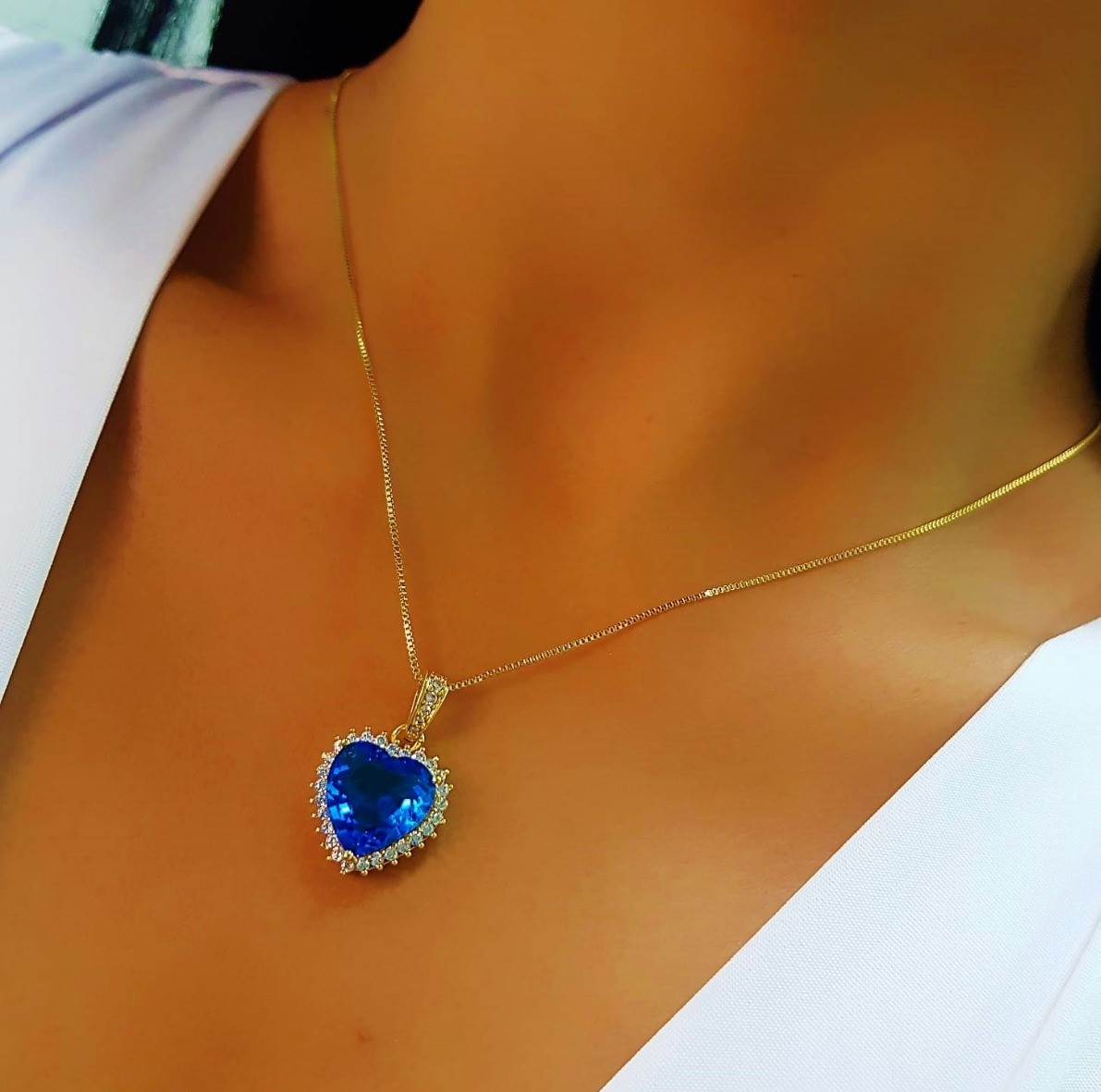 Colar Coração Luxury Azul com Micro Zircônias Banhado em Ouro18k - Lazzuli Joias