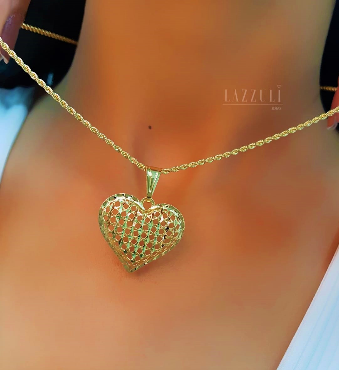 Colar Elo Baiano com Pingente Coração Diamantado Banhado em Ouro18k   - Lazzuli Joias