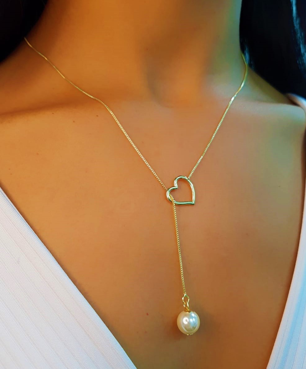 Colar Gravatinha Coração com Pérola 50 cm Banhado em Ouro18k   - Lazzuli Joias