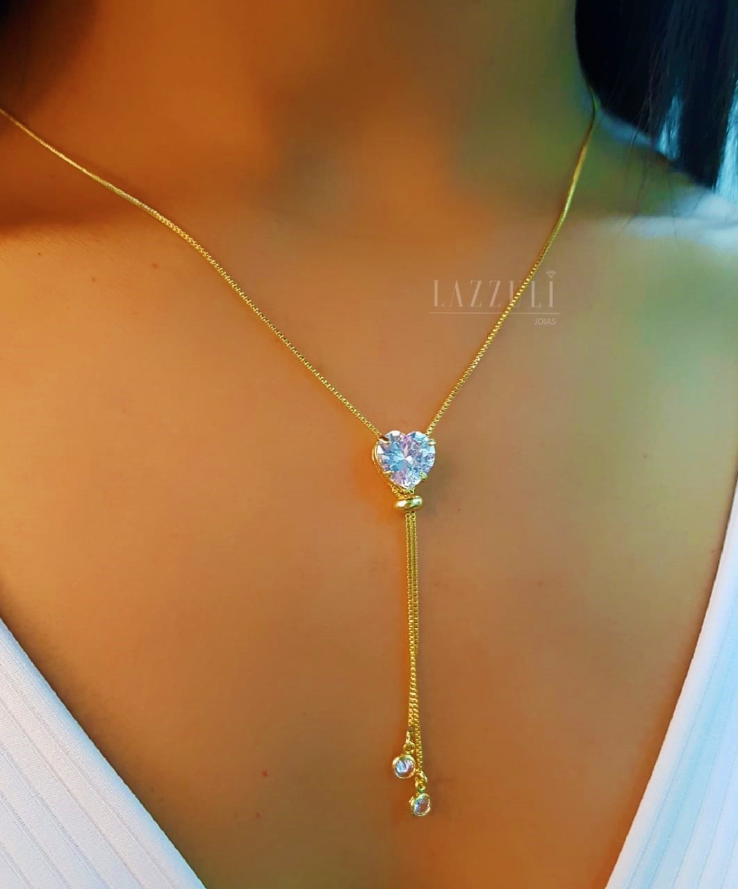 Colar Gravatinha Coração Zircônia Cristal Banhado em Ouro18k  - Lazzuli Joias