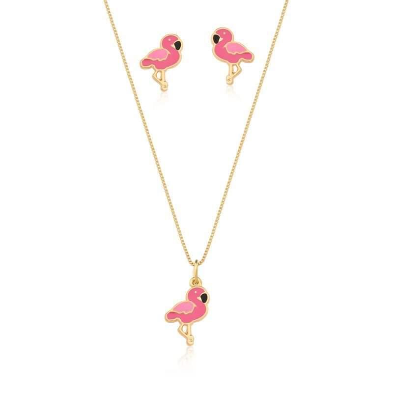 Conjunto Infantil Flamingo Banhado em Ouro18k  - Lazzuli Joias