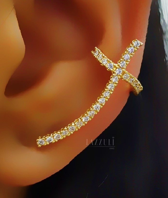 Piercing Fake Cruz com Micro Zircônias Cristais Banhado em Ouro18k  - Lazzuli Joias