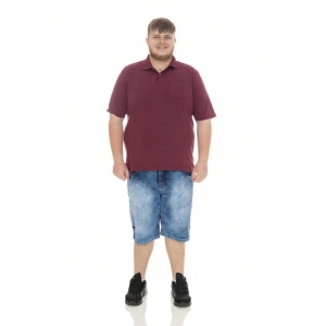 KIT Masculino Plus Size 2 Peças- Camisa Polo Listrada J10 Vinho e Bermuda Jeans Claro Lazúli