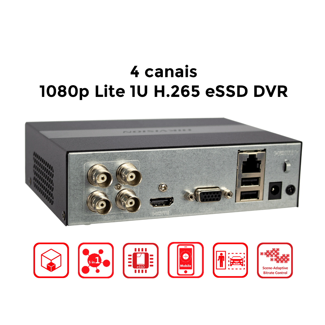 DVR Hikvision 1080P Lite Para 04 Canais eSSD Integrado 330GB