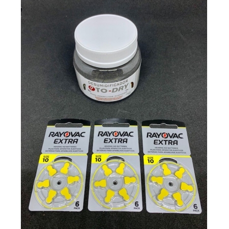 Pilha para Aparelho Auditivo 10 Rayovac Extra Advanced KIT COM 3 CARTELAS com 6 unidades + desumidificador Oto-Dry