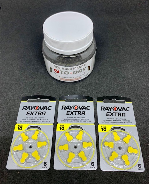 Pilha para Aparelho Auditivo 10 Rayovac Extra Advanced KIT COM 3 CARTELAS com 6 unidades + desumidificador Oto-Dry - OTO-SONIC saúde auditiva e do sono