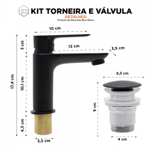 Kit Torneira e Válvula Click Luxo de Bancada Misturador Monocomando Bica Baixa