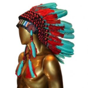 Penacho Índio Americano Pequeno - Azul Tiffany e Vermelho