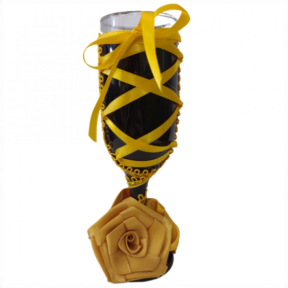 Taça Decorada com Tecido - Preta com Amarelo e Rosa Dourada