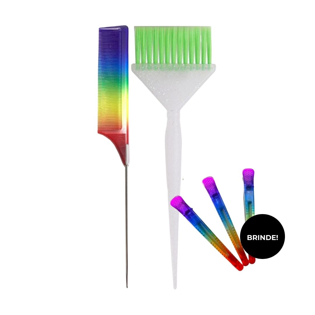 Kit Rainbow Shine: Pente + Pincel + Brinde Clips Rainbow