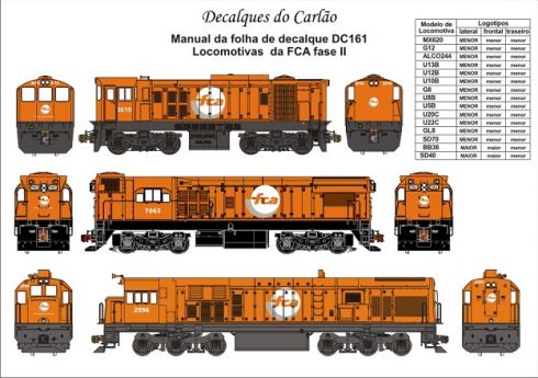 Decal Locomotiva FCA Fase II MX620 / ALCO 244 / G12 / U13B / U12B / U5B / U8B / U10B / G8 / U20C / U22C / GL8 / SD70 / BB36 / SD40 - CARLÃO - DC161  - SHOPferreo