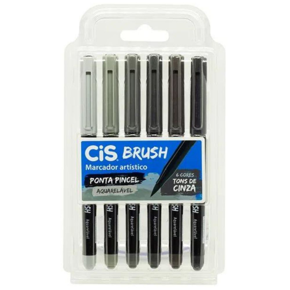 Caneta Brush Pen Cis Kit com 6 Cores Tons de Cinza