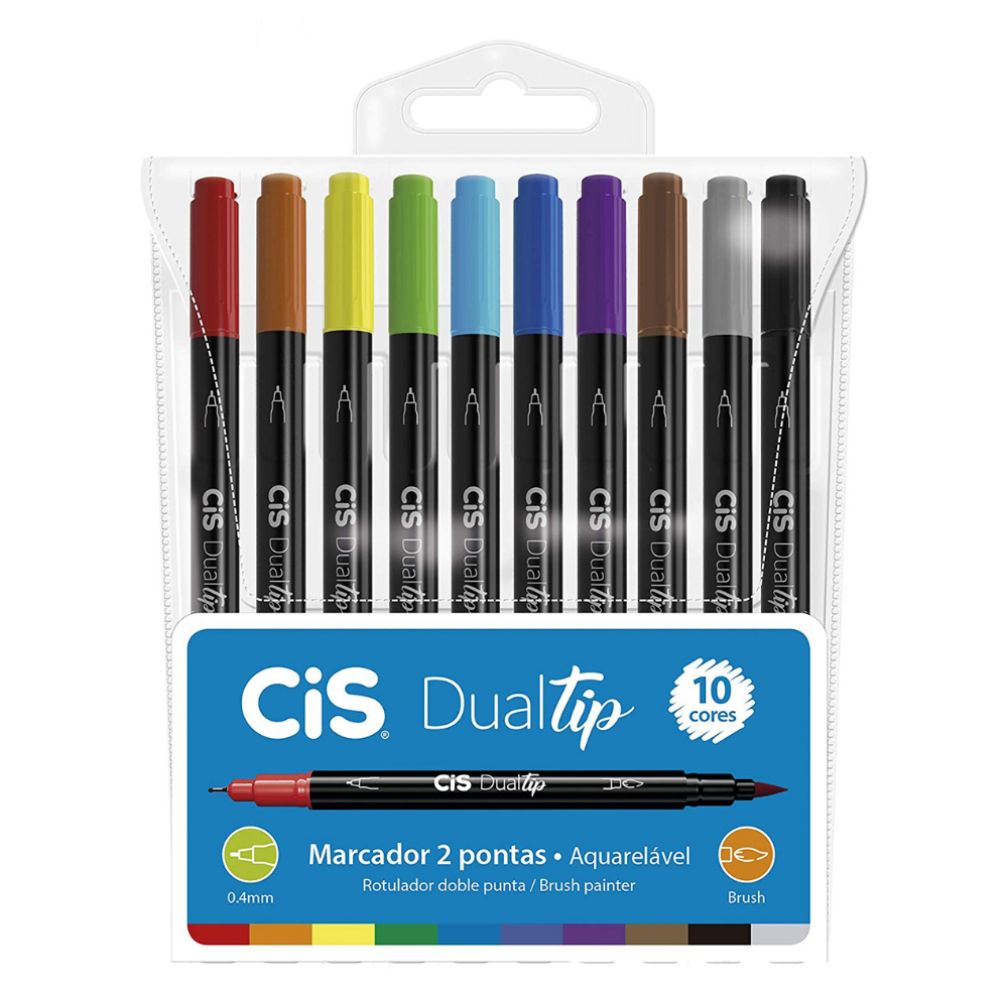Caneta Brush Pen Dual Tip Cis Aquarelável Kit com 10 Cores