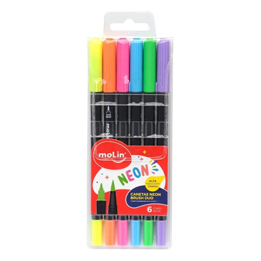 Caneta Brush Pen Duo Molin Neon 6 Cores 