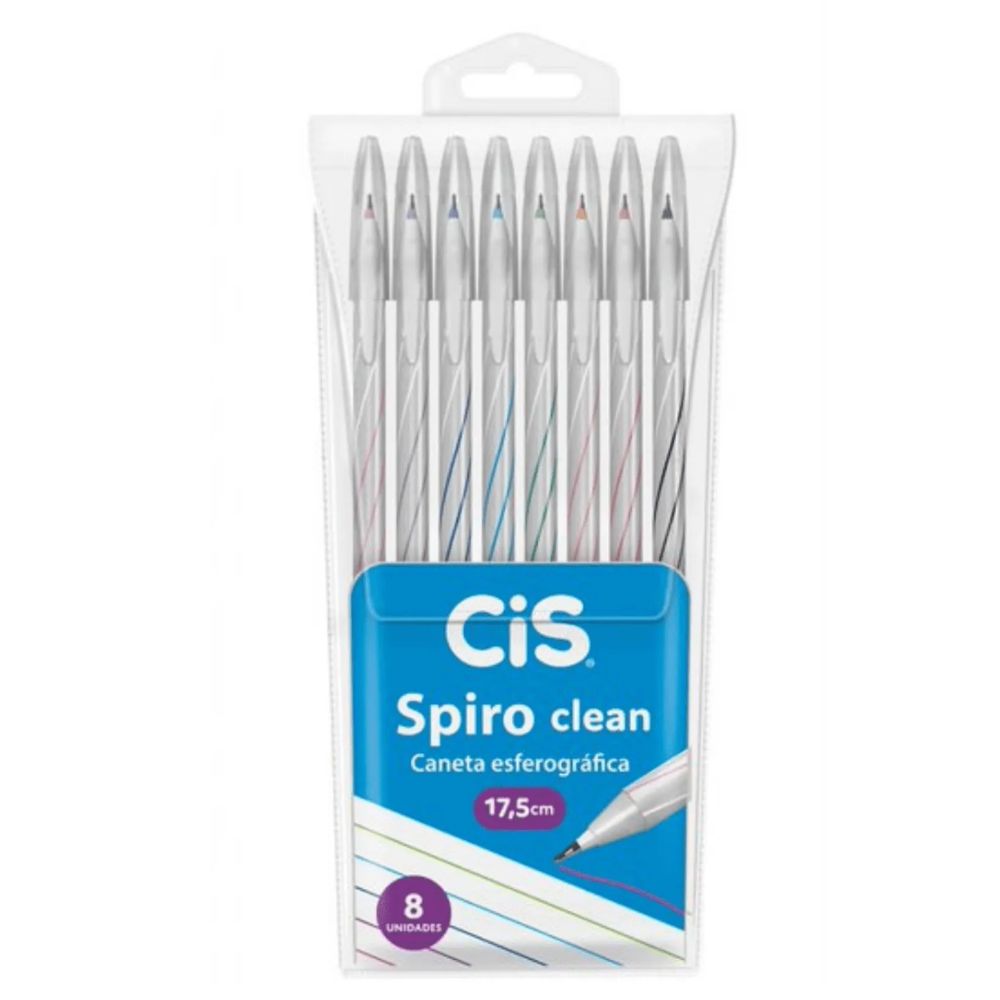 Caneta Esferográfica Cis Spiro Clean 0.7 mm Kit com 8 Cores 