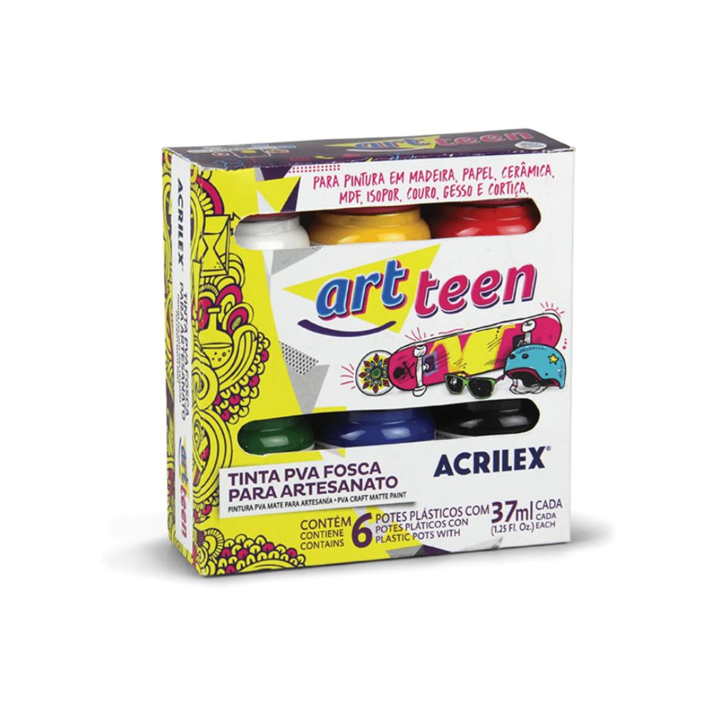 Tinta Pva Fosca para Artesanato Acrilex 6 Cores Artteen