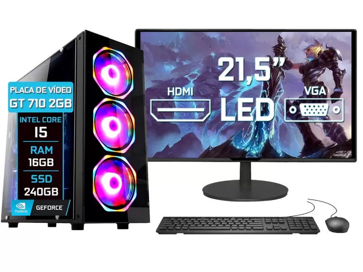 Computador Gamer Fácil Completo Intel Core i5 16GB SSD 240GB GeForce 2GB Monitor 21,5" HDMI LED