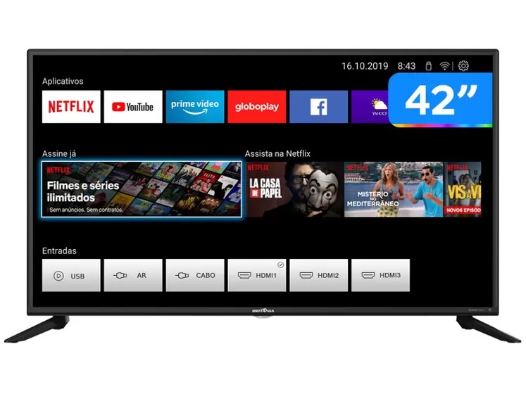 Smart TV Full HD D-LED 42" Britânia, Wi-Fi, 3 HDMI, 2 USB - BTV42G70N5CF