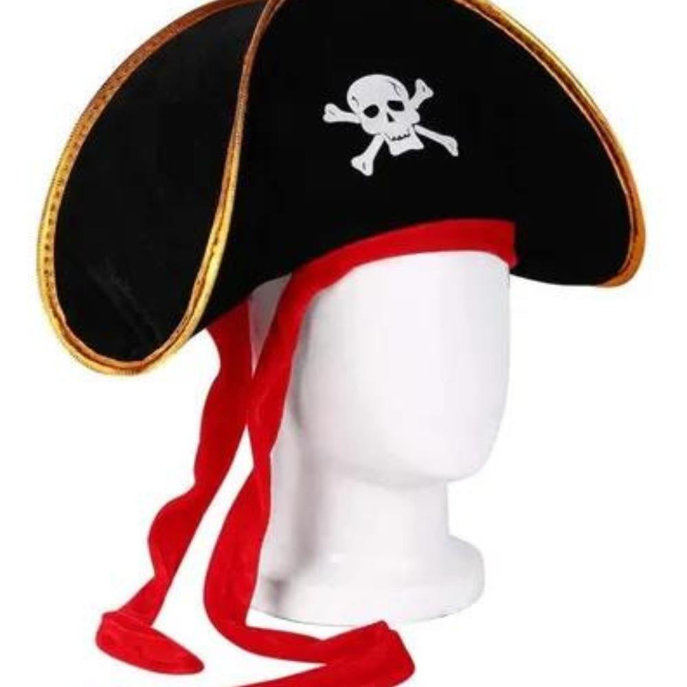 Chapéu Pirata Luxo Com Fita Vermelha Com Esqueleto Aveludado