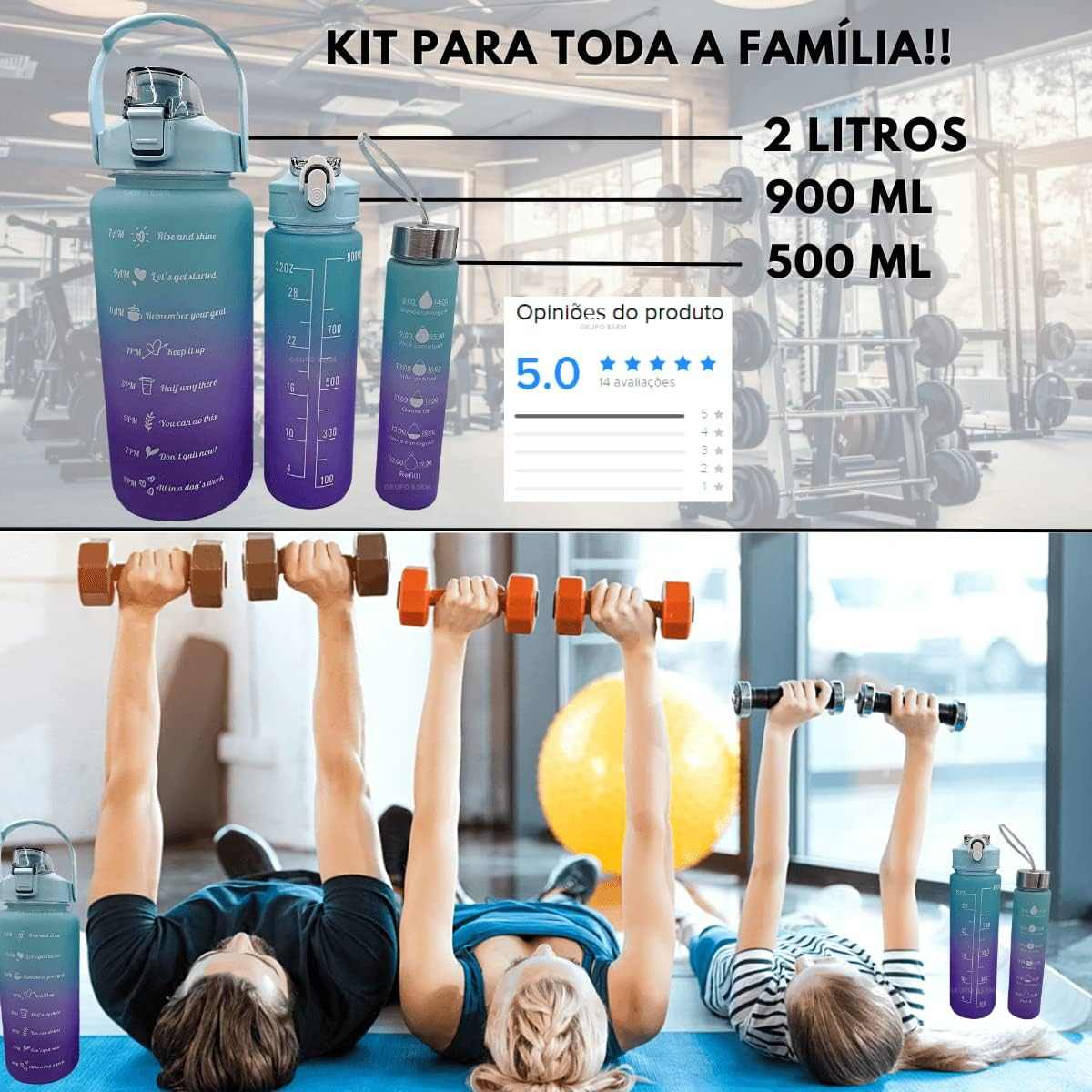 Kit de 3 Garrafas de Água Motivacionais-Azul Claro