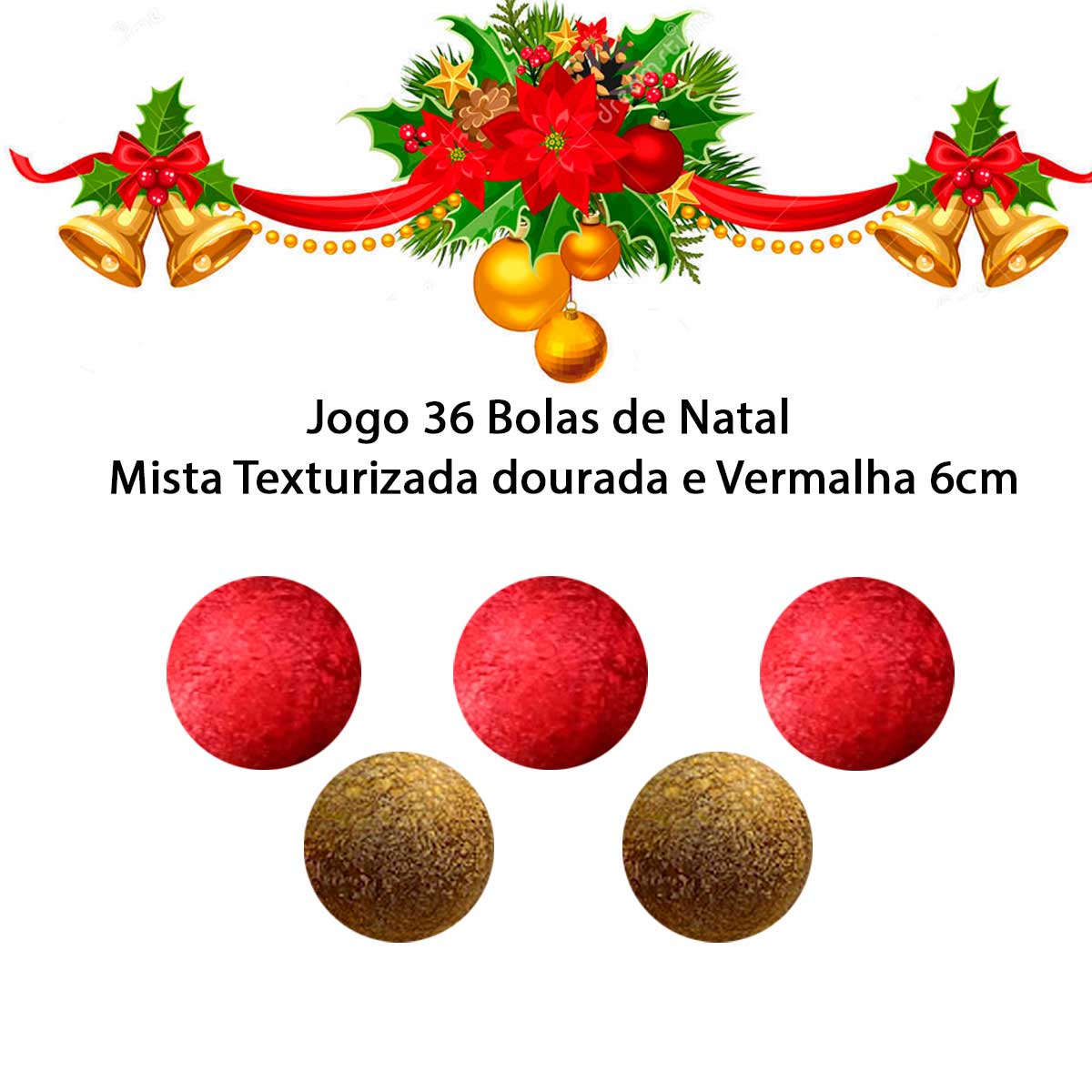 Jogo 36 Bolas de Natal Texturizada c/ Gliter Dourado e Vermelho Enfeite  Árvore 6cm - Natalia Christmas - OutletMix