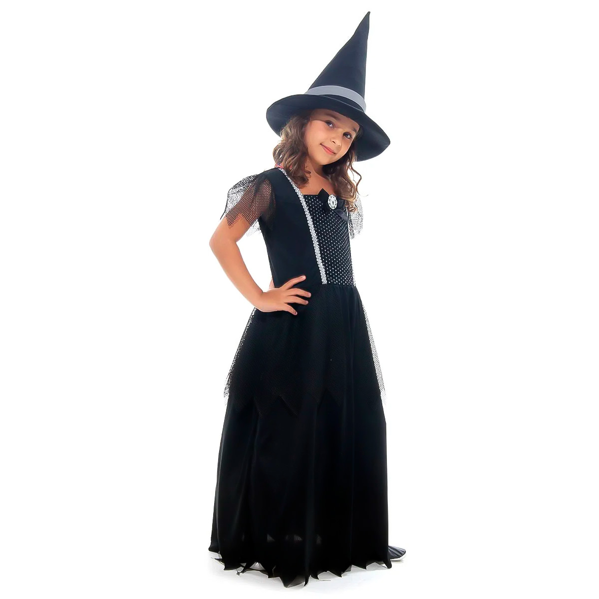 Fantasia Bruxa de Luxo Infantil de Halloween Com Chapéu