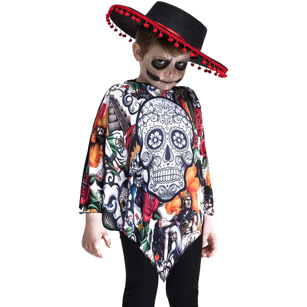 Fantasia Caveira Mexicana Infantil de Halloween Poncho