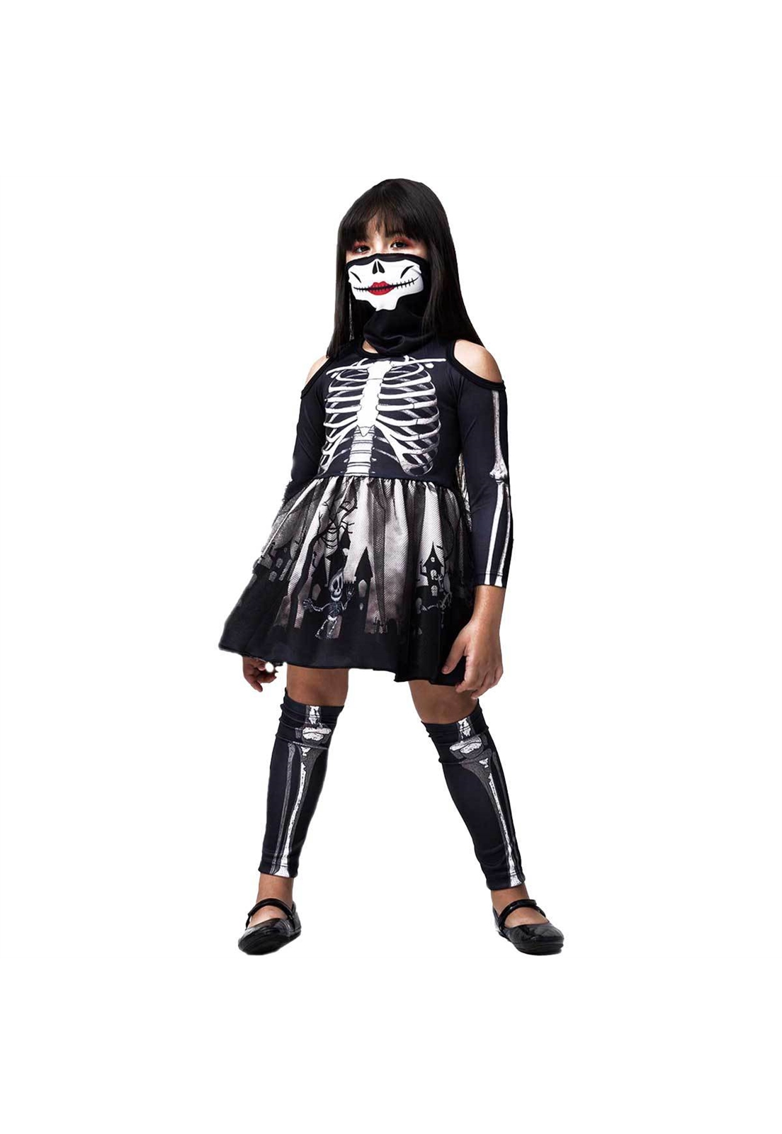 Fantasia de Halloween Esqueleto Punk Menina Com Polainas e Máscara