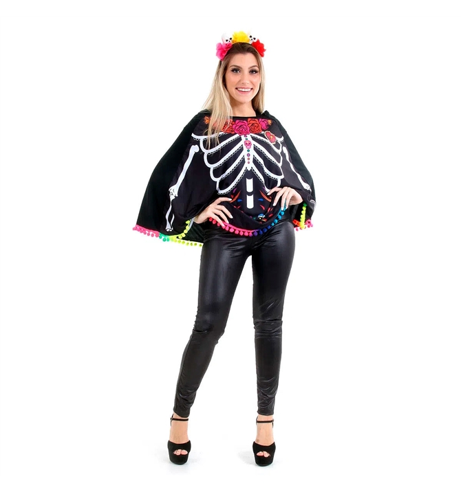 Fantasia de Halloween Feminina Poncho Caveira Mexicana Com Tiara