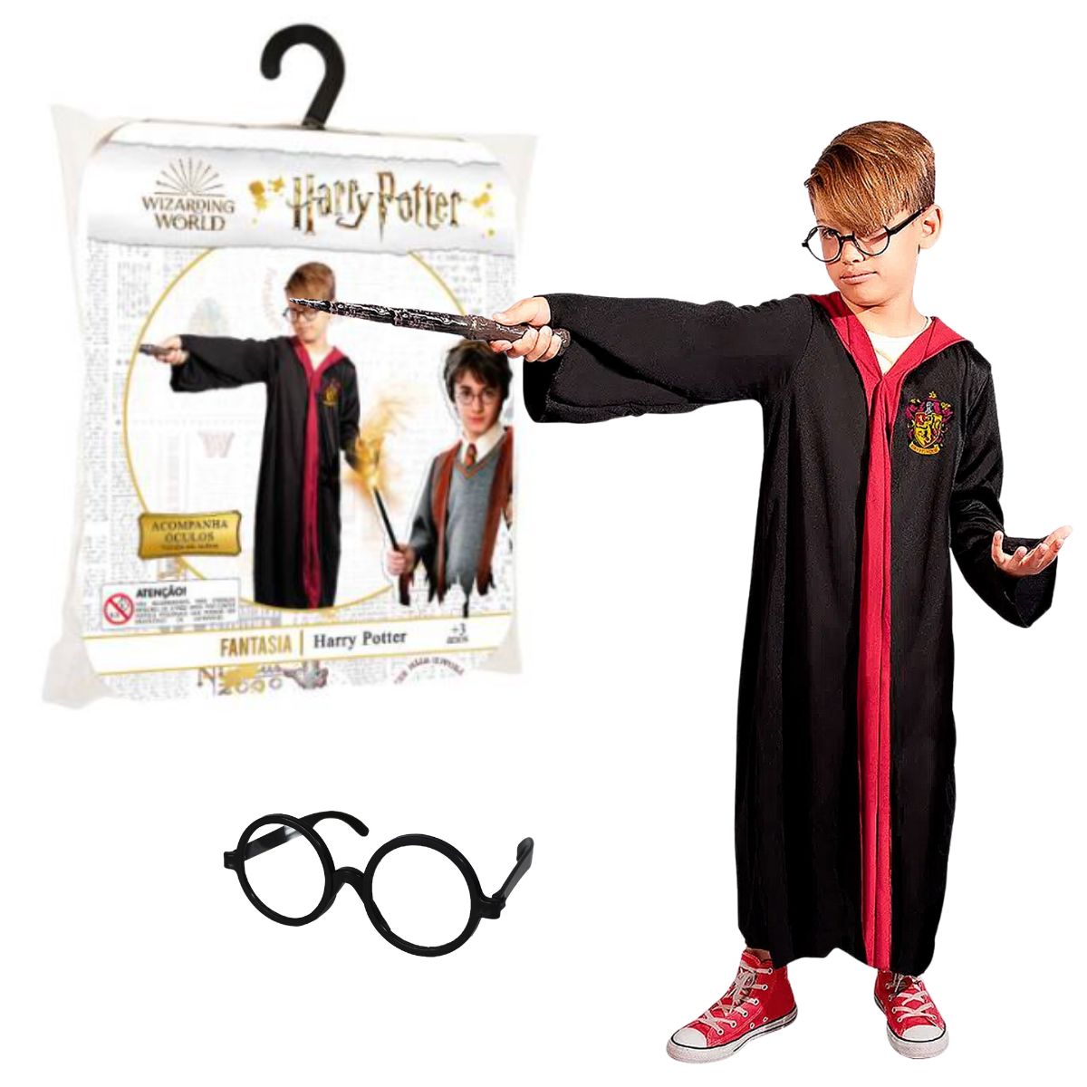 Fantasia Harry Potter Infantil Capa Grifinória Com Óculos