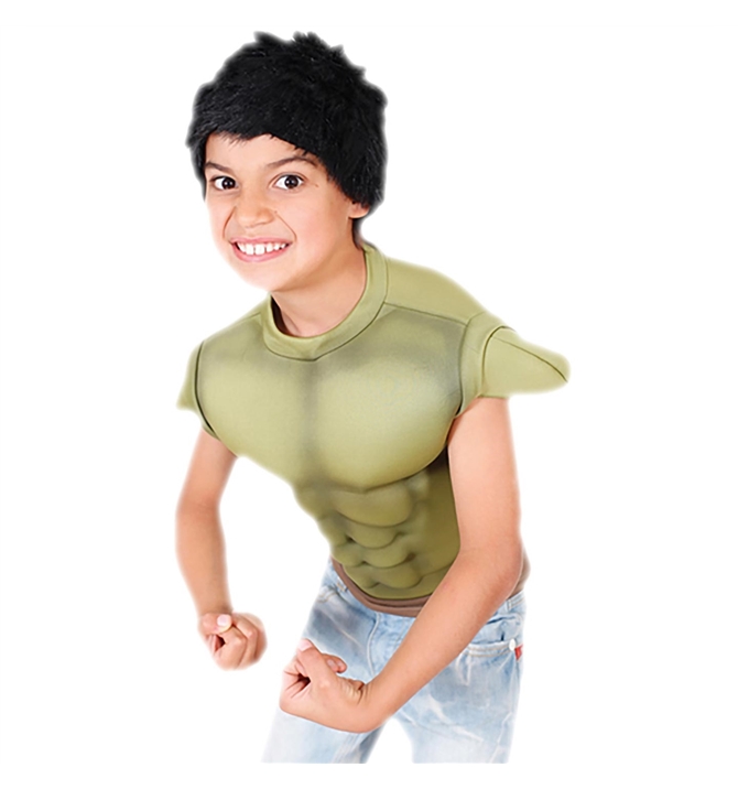 Fantasia Hulk Infantil Camiseta com Peitoral Musculoso e Peruca