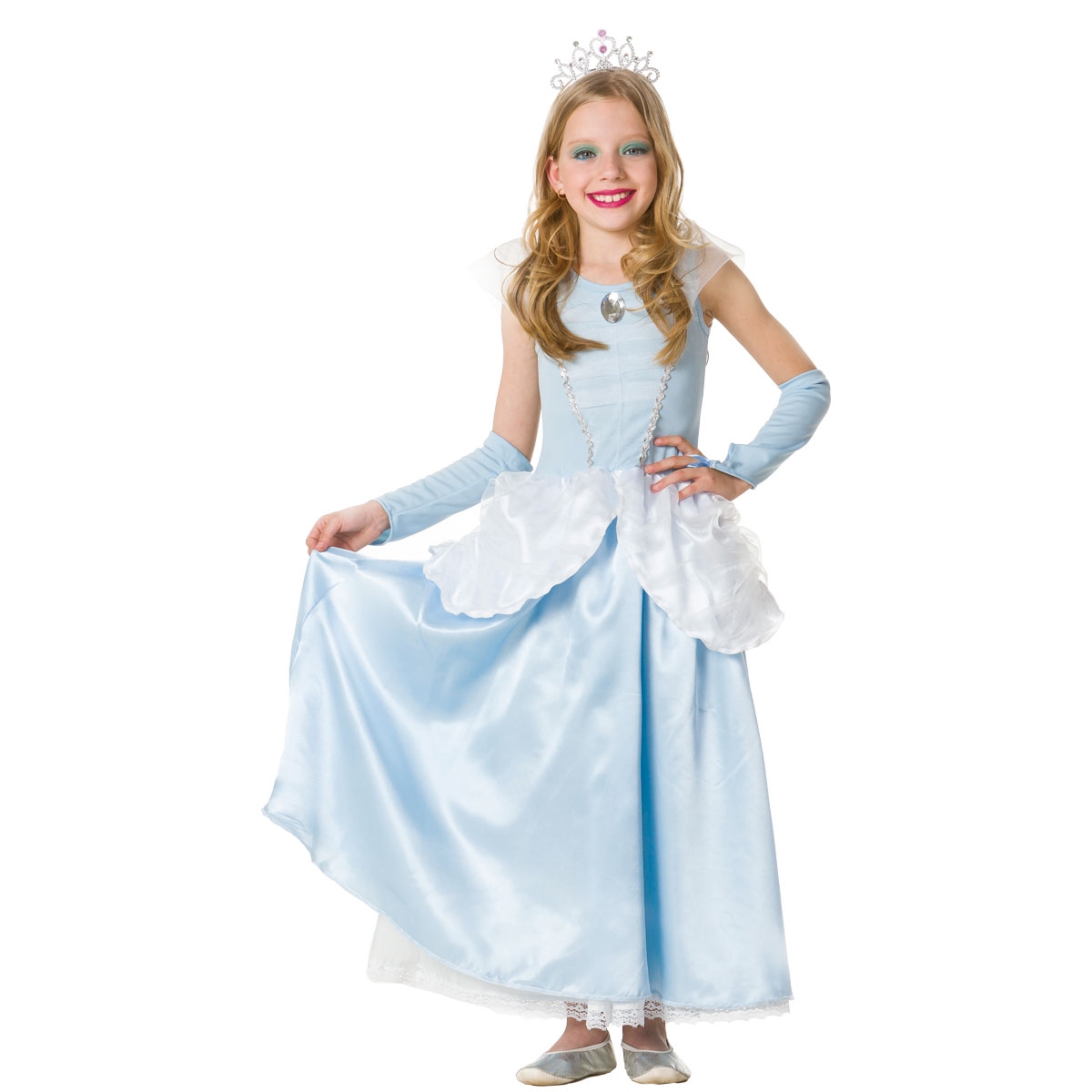 Fantasia Princesa Azul Infantil Super Luxo Com Coroa e Luvas