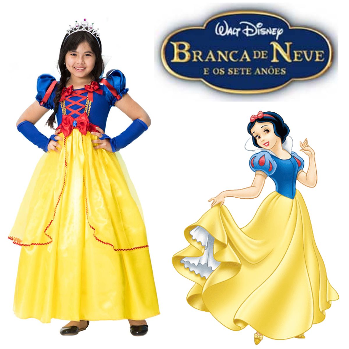 Fantasia Princesa Branca de Neve Menina Infantil Com Luvas e Tiara