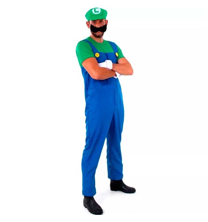 Fantasia Super Mário Adulto Luigi Com Bigode Luvas e Boné