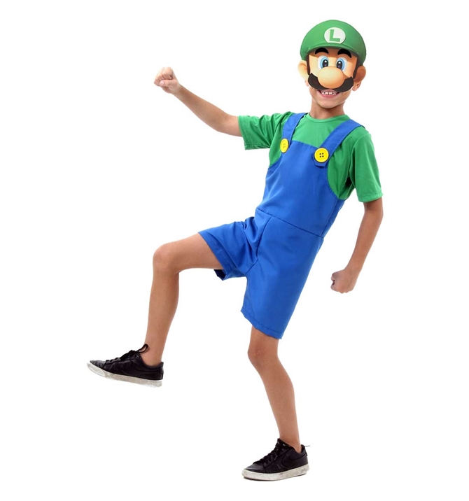 Fantasia Super Mario Infantil Luigi Curta Com Mascara