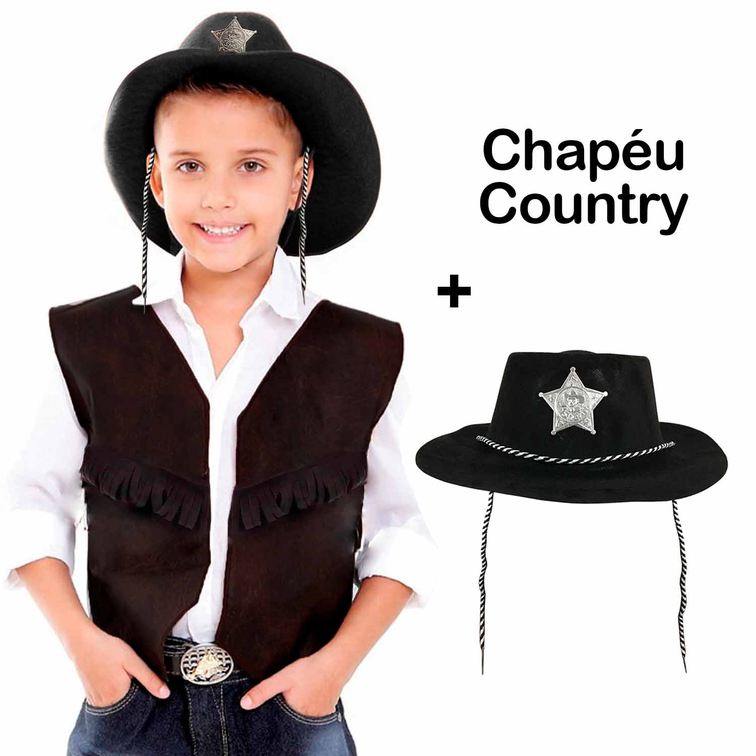 Roupa Country Infantil Masculina Colete Preto Com Franja e Chapeu de Cowboy