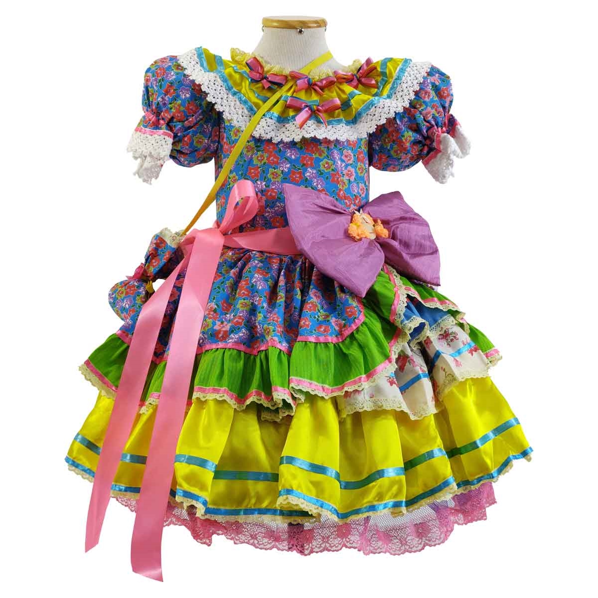 Vestido Festa Junina Infantil Luxo Com Lação e Bolsa