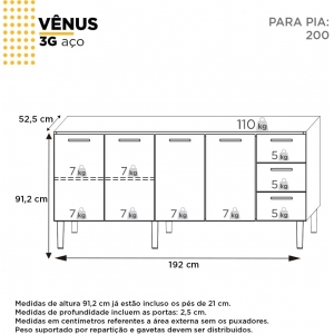 Gabinete de Cozinha Aço Vênus Branco p/ Pia 200cm Cozimax