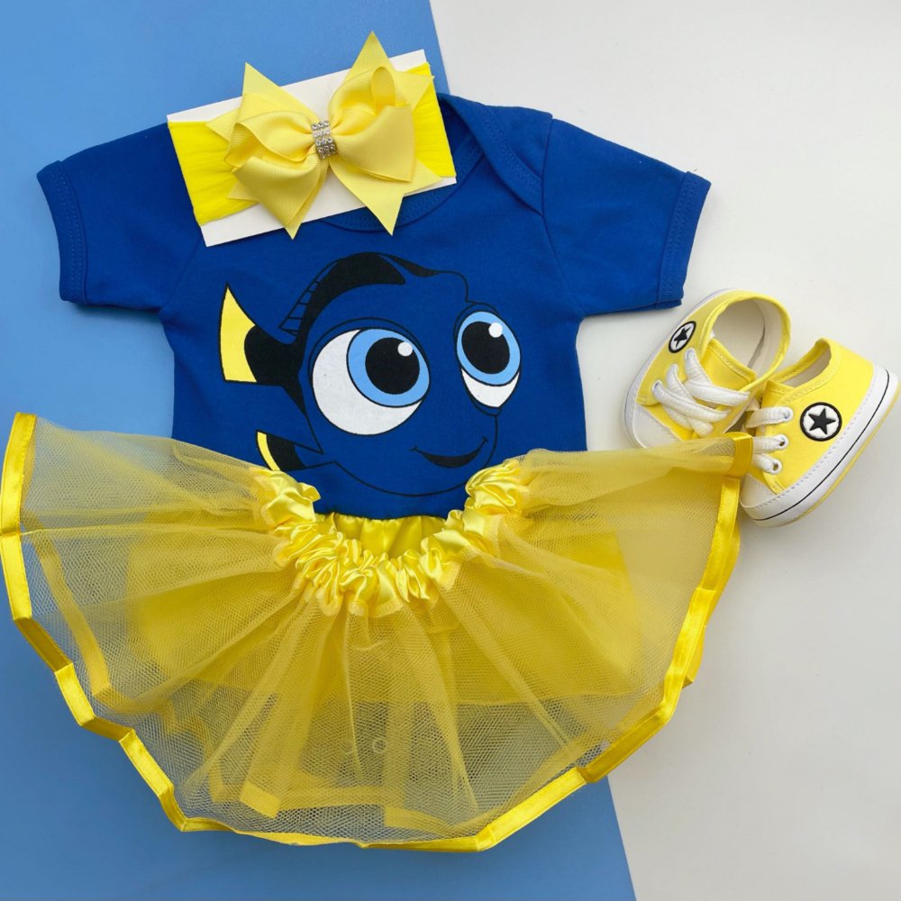 Kit Body Bebê Luxo Procurando Nemo Dory com Tênis Amarelo