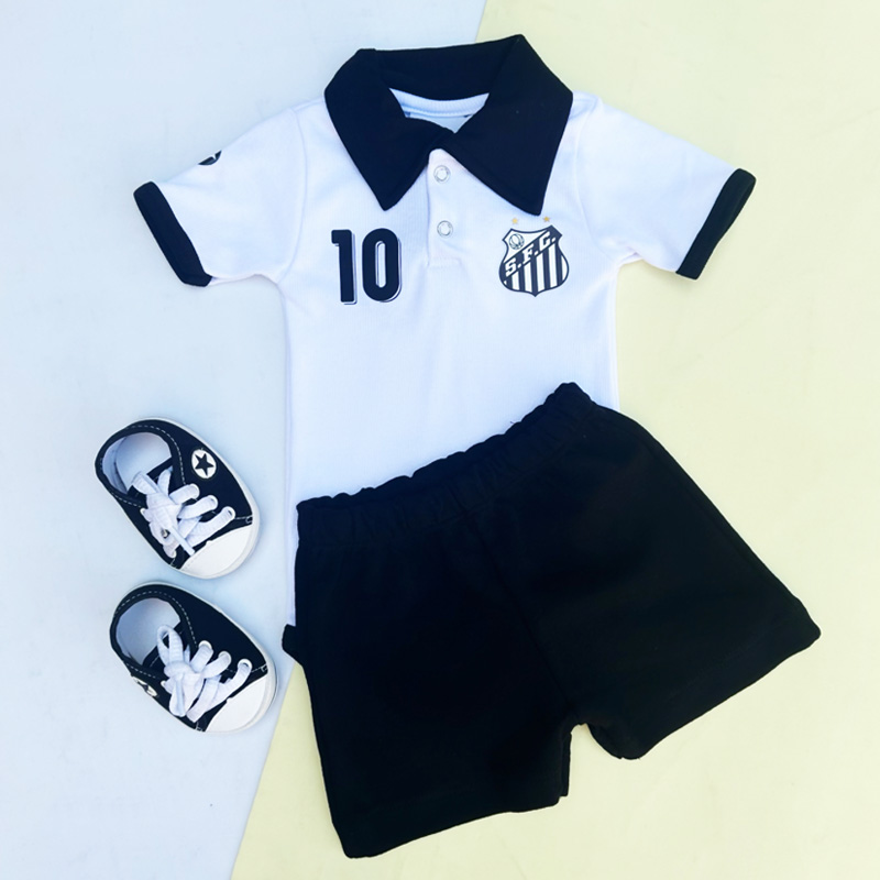 Kit Bebê Body Polo e Shorts Futebol Santos e Tênis