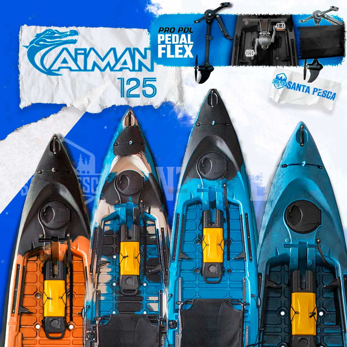 Caiaque de Pesca com Pedal Flex Incluso e Remo Caiman 125 - Hidro2Eko - Cores Variadas