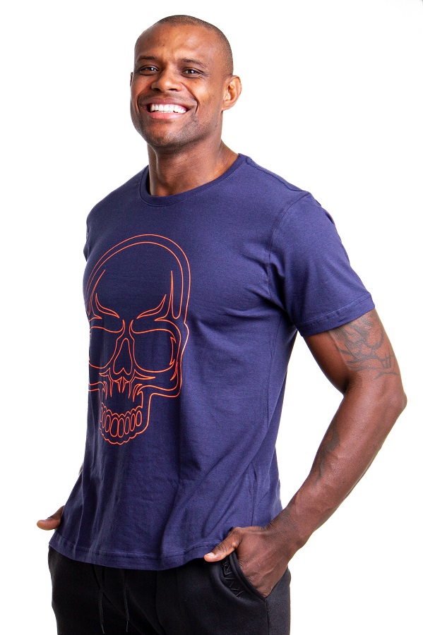 Camiseta Masculina KVRA Skull Basic Azul/Laranja Flúor - Foto 2