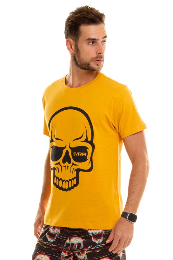 Camiseta Masculina KVRA Skull Contrast Mostarda - Foto 2