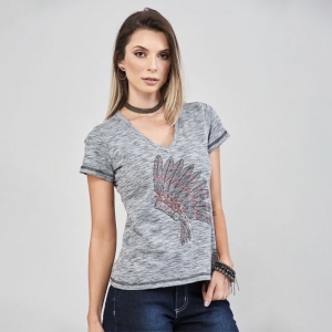 Camiseta Dock's Western Feminina com Estampa Cocar de Strass - Foto 0