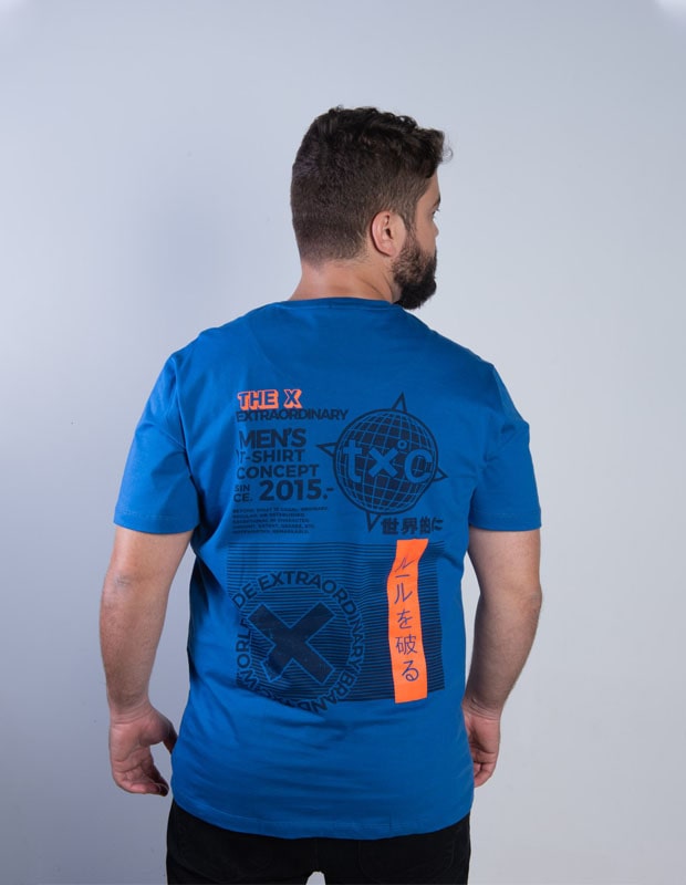 Camiseta TXC Brand Masculina Azul Laranja Logo Emborrachada - Foto 1