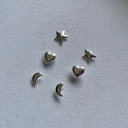 Trio de Brincos Lua, Estrela e Coração em Prata 925