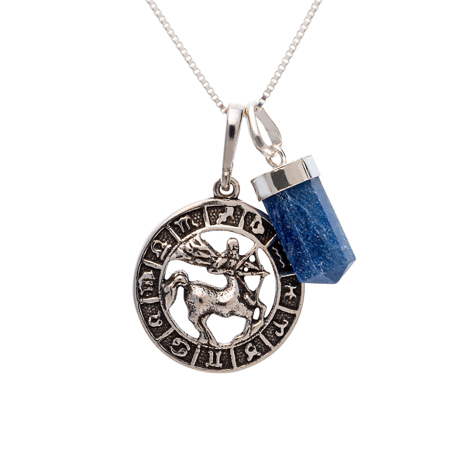 Kit do signo de Sagitário: colar com pingente de quartzo azul + medalhinha