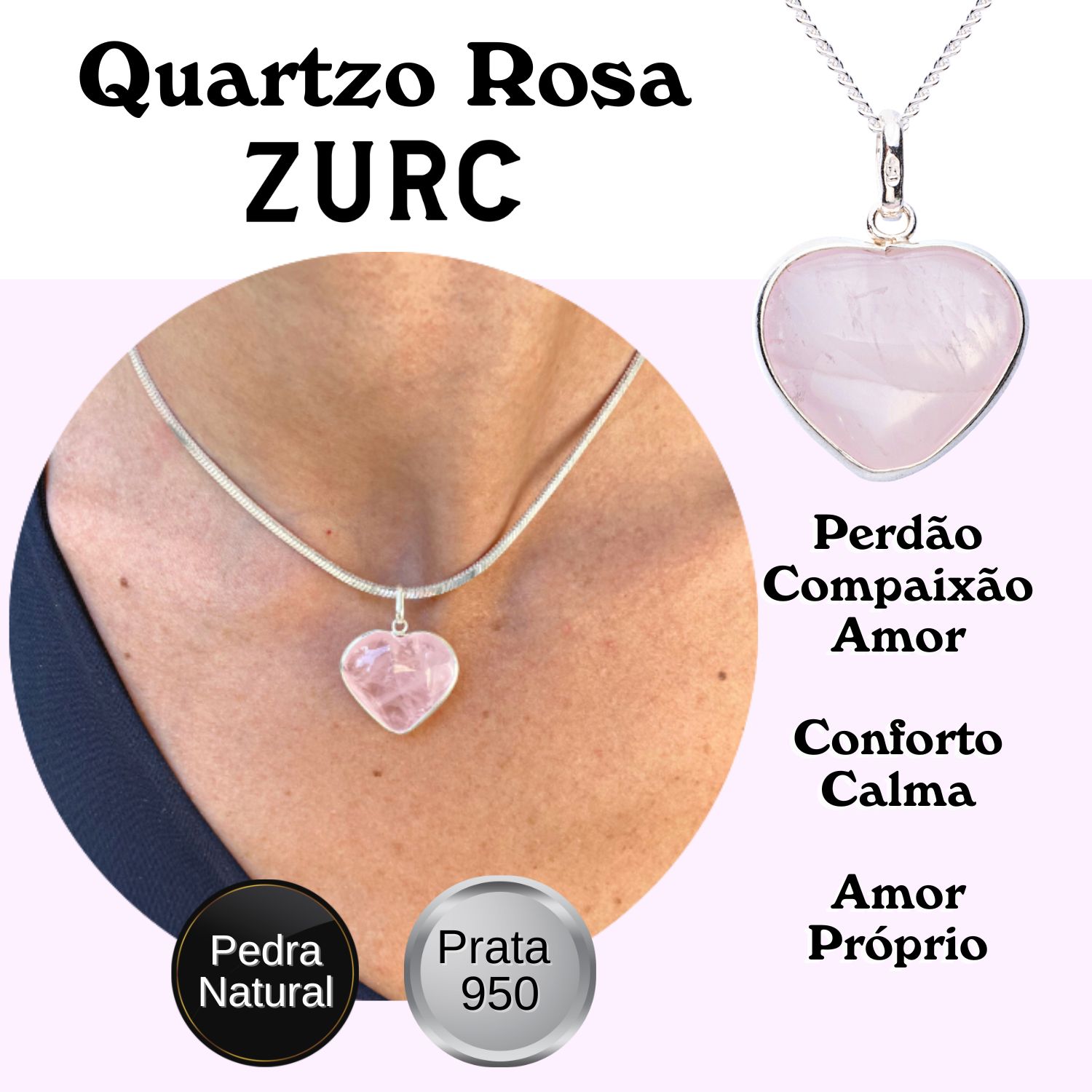 Pingente de Prata Nobre Alta Joalheria Certificado Formato Coração Com Pedra Natural Quartzo Rosa Pequeno