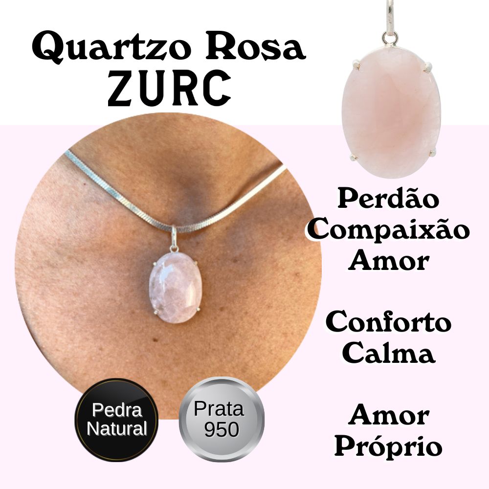 Pingente de Prata Nobre Alta Joalheria Certificado Oval Com Pedra Natural Quartzo Rosa