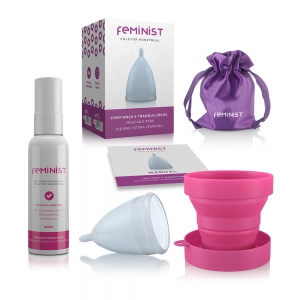 Kit Coletor Feminist Modelo B, Higienizador e Copo Esterilizador em Silicone